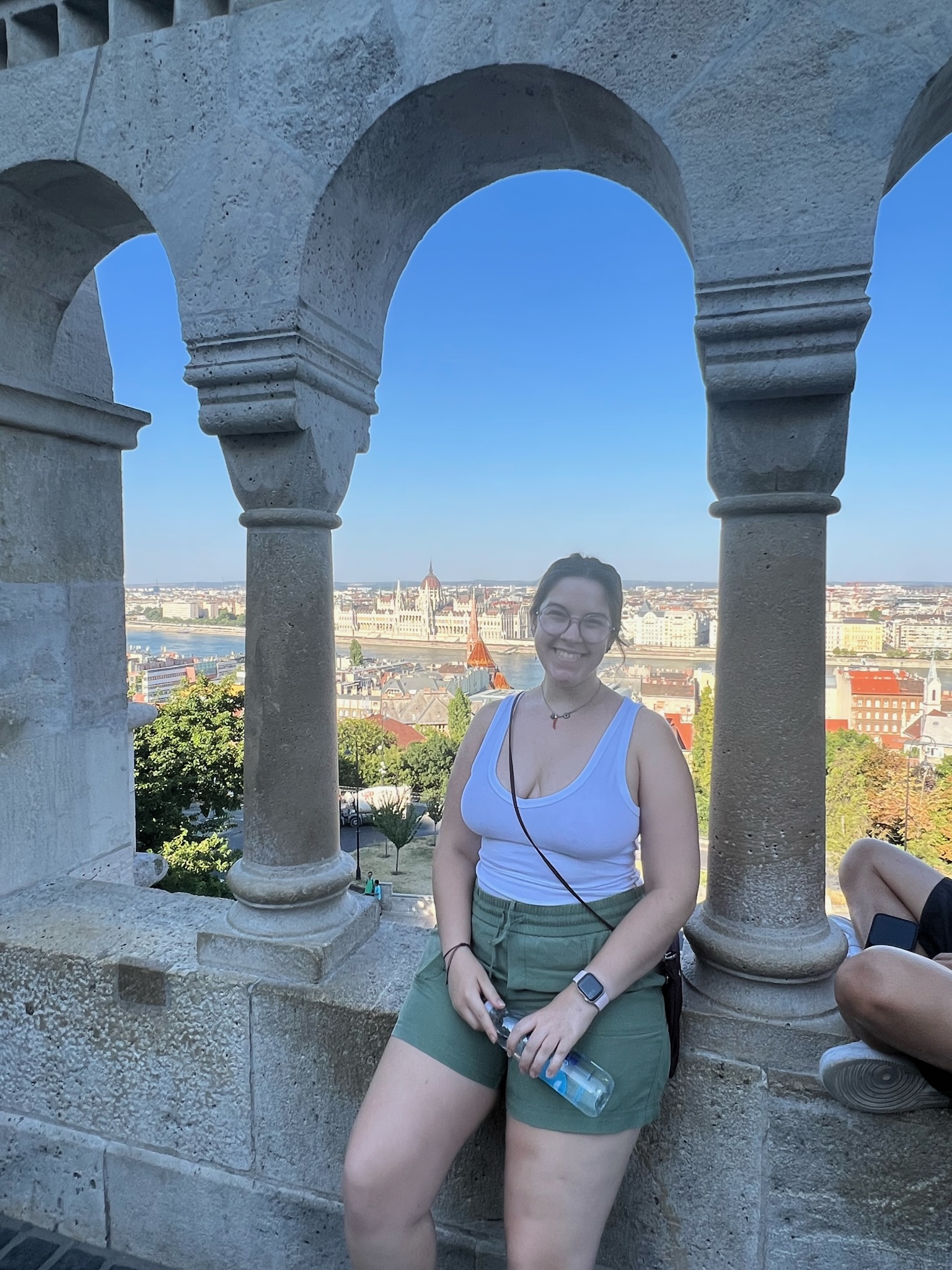 Fisherman's Bastion arches with Budapest Parliament and Danube view
