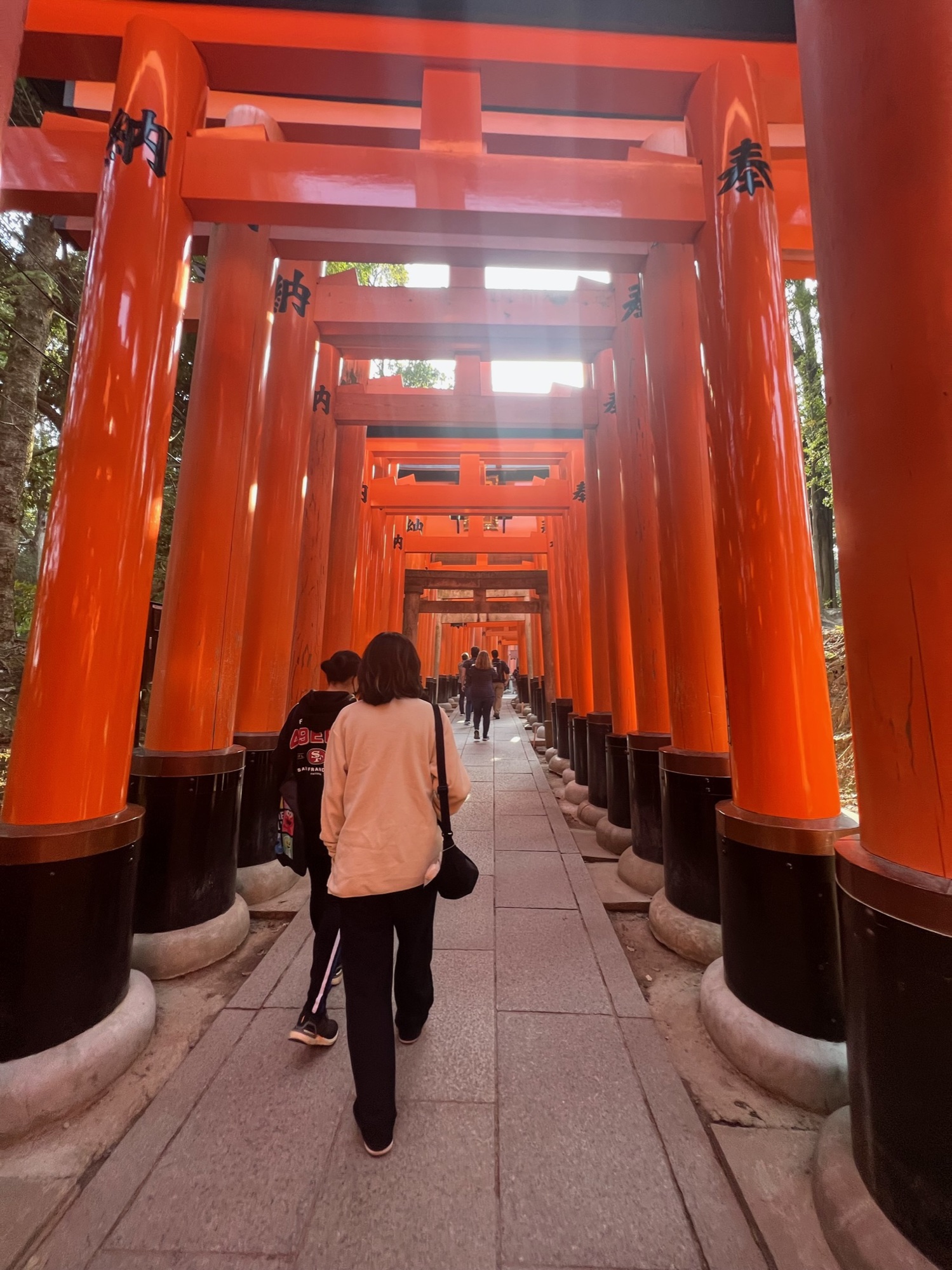 Walking through the orange torii gate tunnel at Fushimi Inari Kyoto