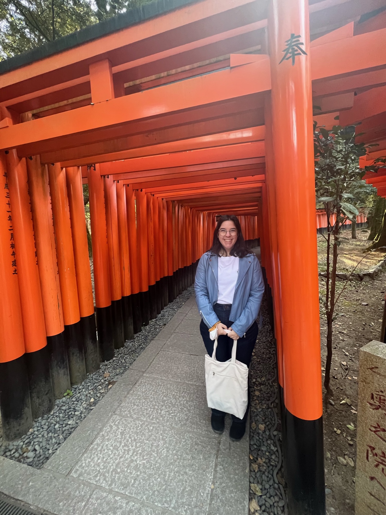 Posing inside the thousands of orange torii gates at Fushimi Inari shrine