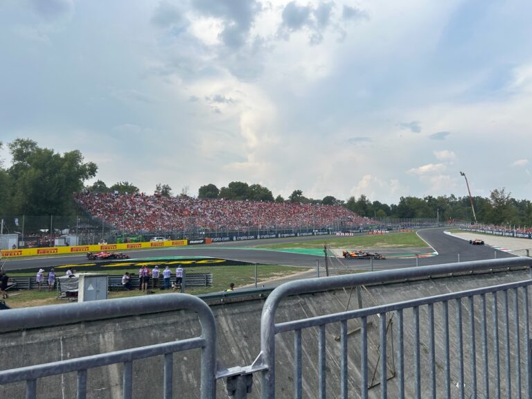 Monza grandstand crowd of tifosi watching Ferrari and McLaren on the back straight at the Italian Grand Prix