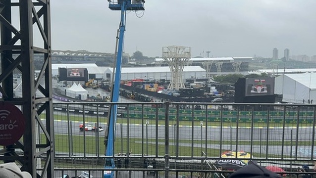 The Interlagos amphitheatre and the S&atilde;o Paulo skyline behind it &mdash; you take in huge stretches of track from one seat.